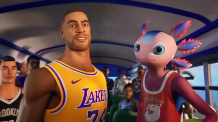 Screenshot of Laker skins Axolotl skin in the NBA Fortnite Crossover teaser