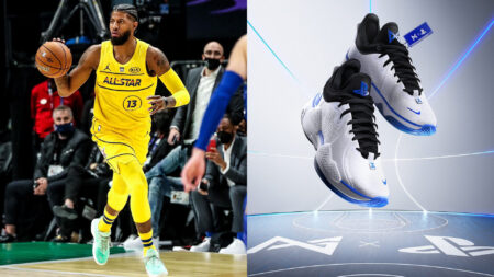 Side by side of Paul George and the PG 5 PS5 sneakers